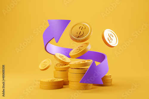 Golden coins on bright background, online payment and refund photo