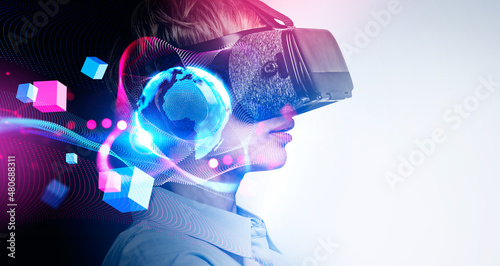 Office woman in vr glasses, metaverse hologram and cyberspace photo
