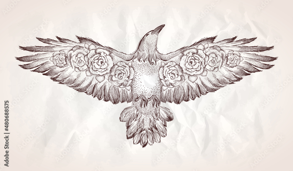 Fototapeta premium Flying bird with roses in wings
