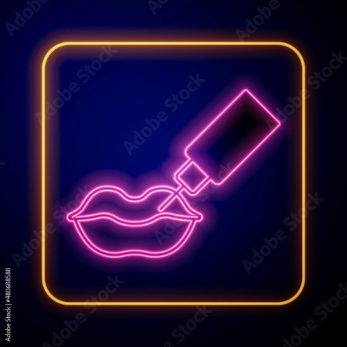 Glowing neon Lip augmentation icon isolated on black background. Hyaluronic acid lips injection. Contour plastic. Vector