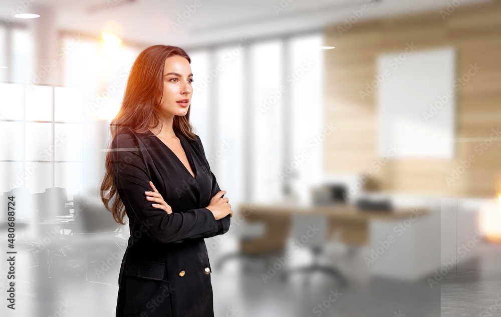 Office woman with arms crossed, office company room Office woman with arms crossed, office company room