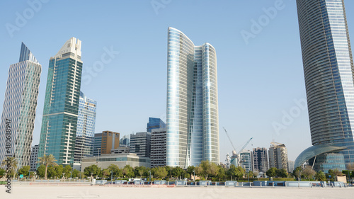 City skyline with big skyscrapers near the beach of Abu Dhabi, United Arab Emirates. © Christopher