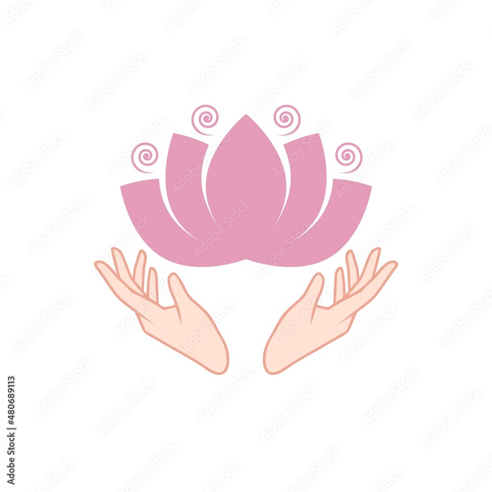 Female hands holding a beautiful pink lotus icon isolated on white background Female hands holding a beautiful pink lotus icon isolated on white background