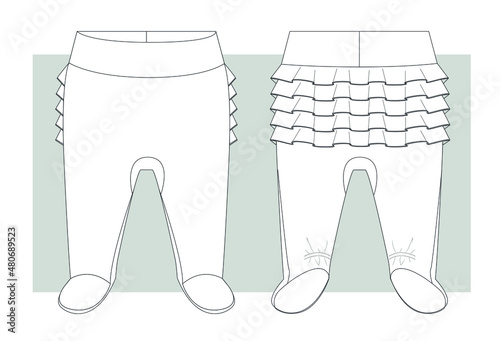 Newborn’s trousers with frills on back. Technical sketch in vector.