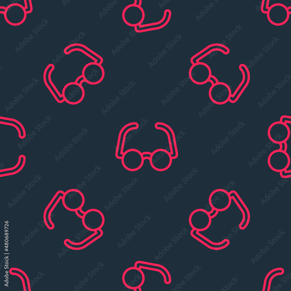 Red line Glasses icon isolated seamless pattern on black background. Eyeglass frame symbol. Vector Red line Glasses icon isolated seamless pattern on black background. Eyeglass frame symbol. Vector
