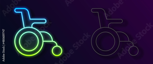 Glowing neon line Wheelchair for disabled person icon isolated on black background. Vector