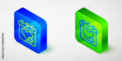 Isometric line Doctor appointment icon isolated grey background. Calendar, planning board, agenda, consultation doctor. Blue and green square button. Vector