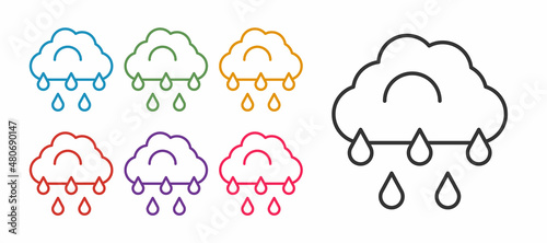 Set line Cloud with rain icon isolated on white background. Rain cloud precipitation with rain drops. Set icons colorful. Vector