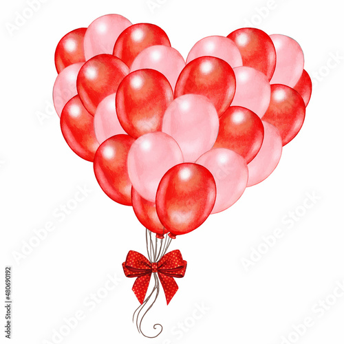 Watercolor red heart shaped group of balloons
