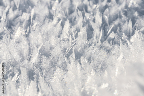 Natural snow crystals. Very frosty weather in the mountains. Macro photography