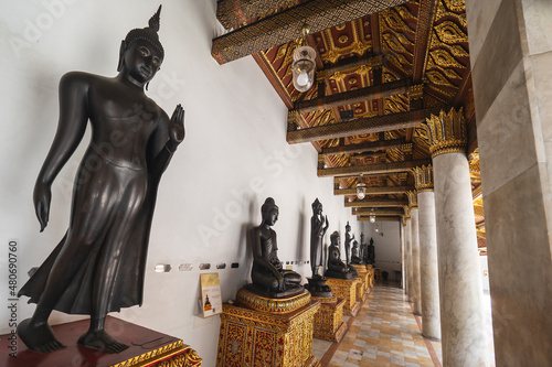 Buddha statues around the Marble Church display for tourists to see at Bangkok, Thailand