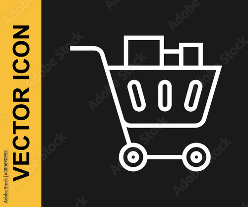 White line Shopping cart and food icon isolated on black background. Food store, supermarket. Vector