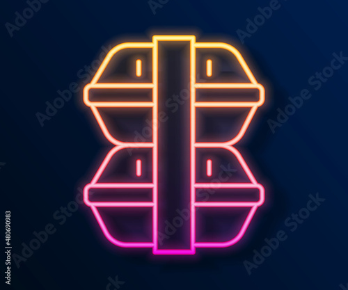 Glowing neon line Lunch box icon isolated on black background. Vector