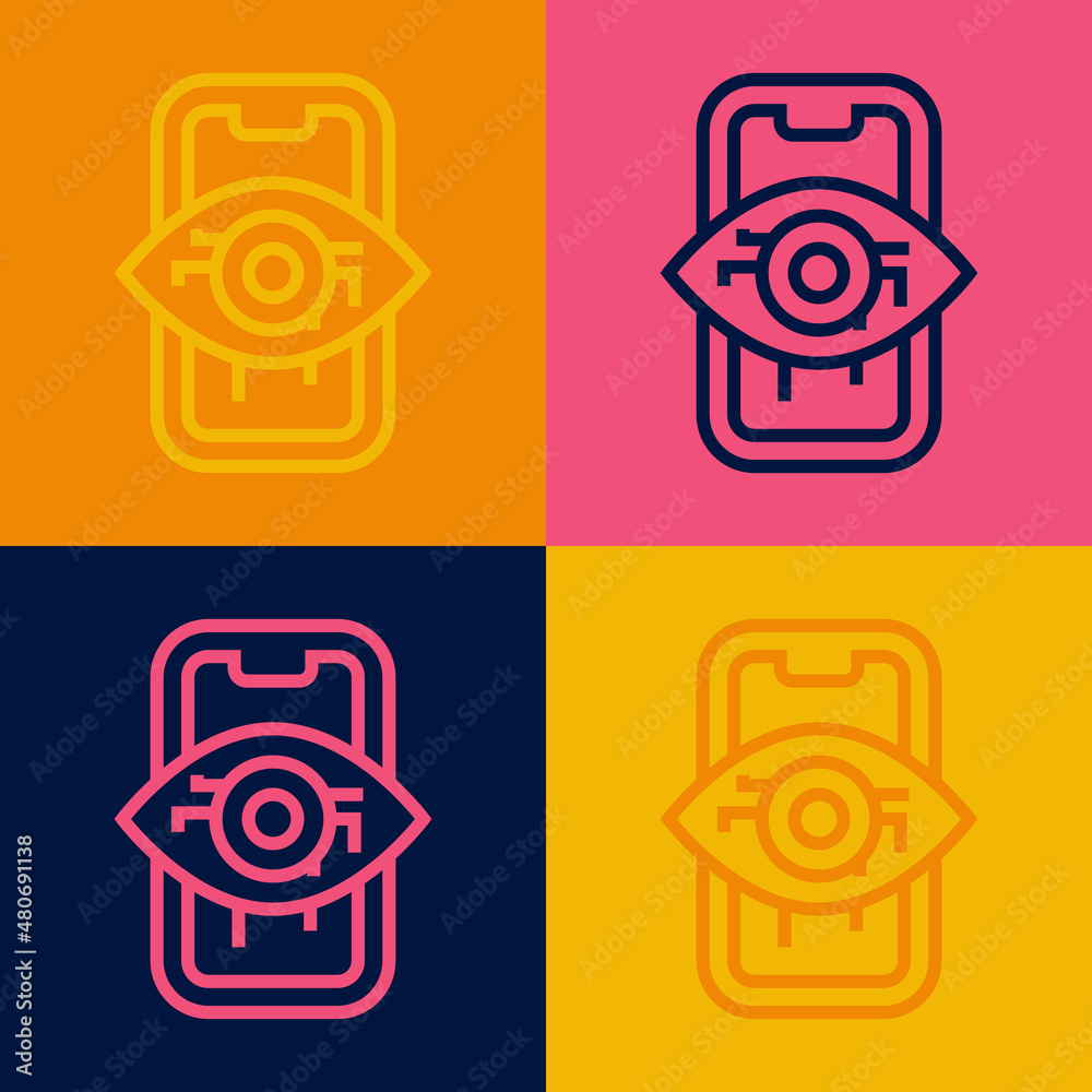 Pop art line Computer vision icon isolated on color background. Technical vision, eye circuit, video surveillance system, augmented reality systems. Vector Pop art line Computer vision icon isolated on color background. Technical vision, eye circuit, video surveillance system, augmented reality systems. Vector
