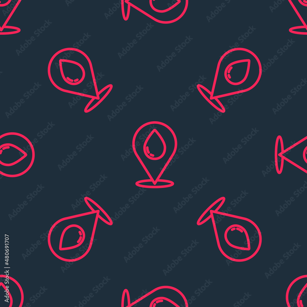 Red line Water drop with location icon isolated seamless pattern on black background. Vector Red line Water drop with location icon isolated seamless pattern on black background. Vector