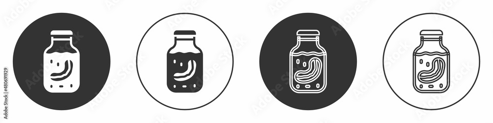 Black Sea cucumber in jar icon isolated on white background. Marine food. Circle button. Vector Black Sea cucumber in jar icon isolated on white background. Marine food. Circle button. Vector