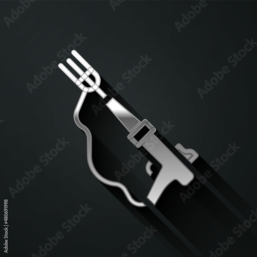 Silver Fishing harpoon icon isolated on black background. Fishery manufacturers for catching fish under water. Diving underwater equipment. Long shadow style. Vector