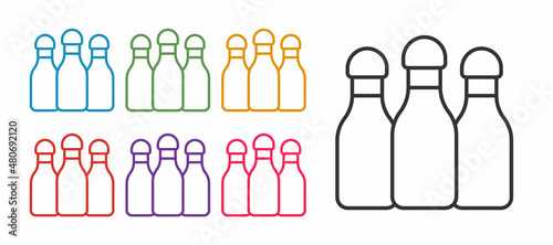 Set line Bowling pin icon isolated on white background. Set icons colorful. Vector