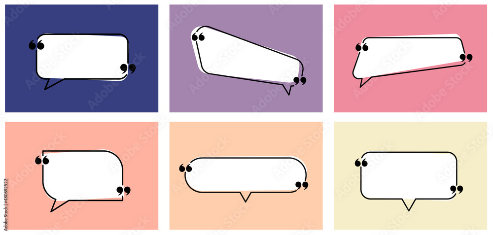 Set of isolated colorful speech bubbles with quotation mark of long shape templates. Set of isolated colorful speech bubbles with quotation mark of long shape templates.