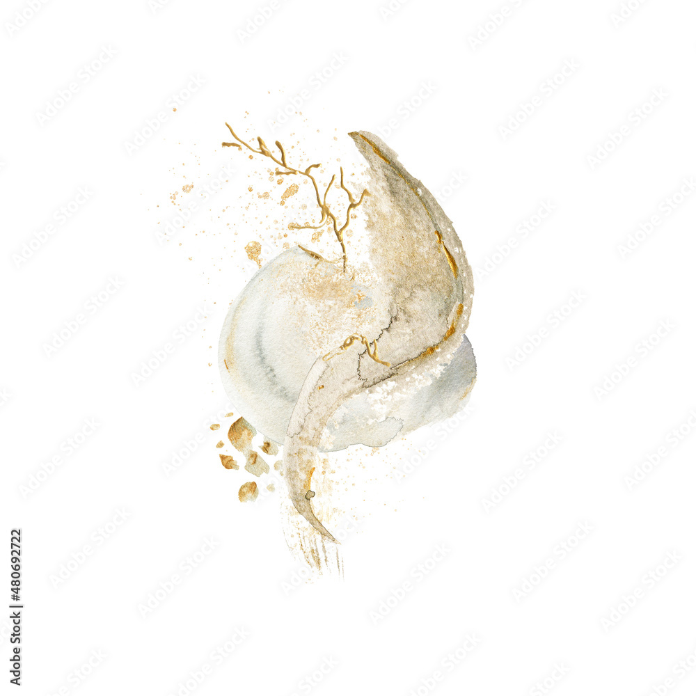 Naklejka premium Watercolor minimalist abstract art. Hand painted composition, gold shape, geometric form, splash, spot. isolated on white background. Waves illustration for design, print logo