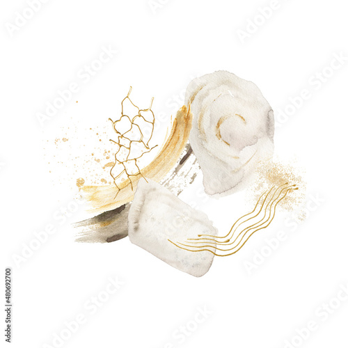 Watercolor minimalist abstract art. Hand painted composition, gold shape, geometric form, splash, spot. isolated on white background. Waves illustration for design, print logo