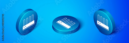 Isometric Router and wi-fi signal icon isolated on blue background. Wireless ethernet modem router. Computer technology internet. Blue circle button. Vector
