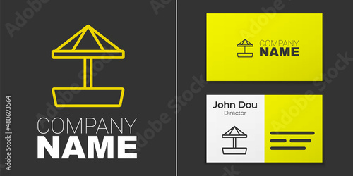 Logotype line Sandbox for kids with sand and umbrella icon isolated on grey background. Logo design template element. Vector