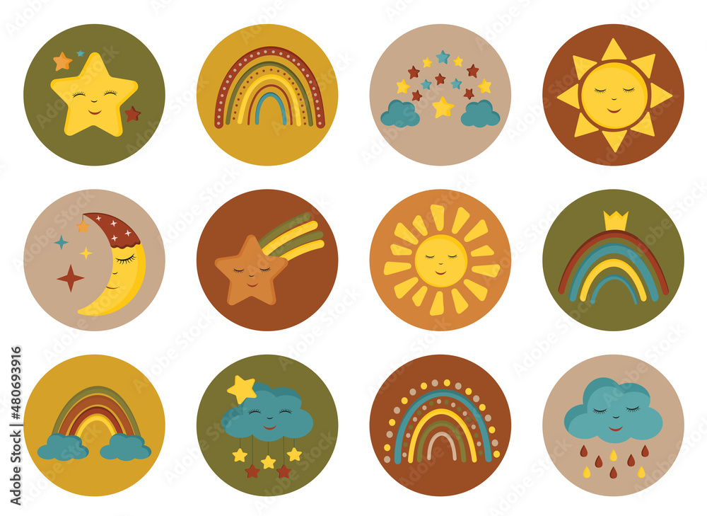 Set of circle icons for website, stories highlights with boho baby rainbows, sun, stars, clouds. Abstract modern social media blogger set, stories cover. Round stickers, pin, badge design for kids. Set of circle icons for website, stories highlights with boho baby rainbows, sun, stars, clouds. Abstract modern social media blogger set, stories cover. Round stickers, pin, badge design for kids.