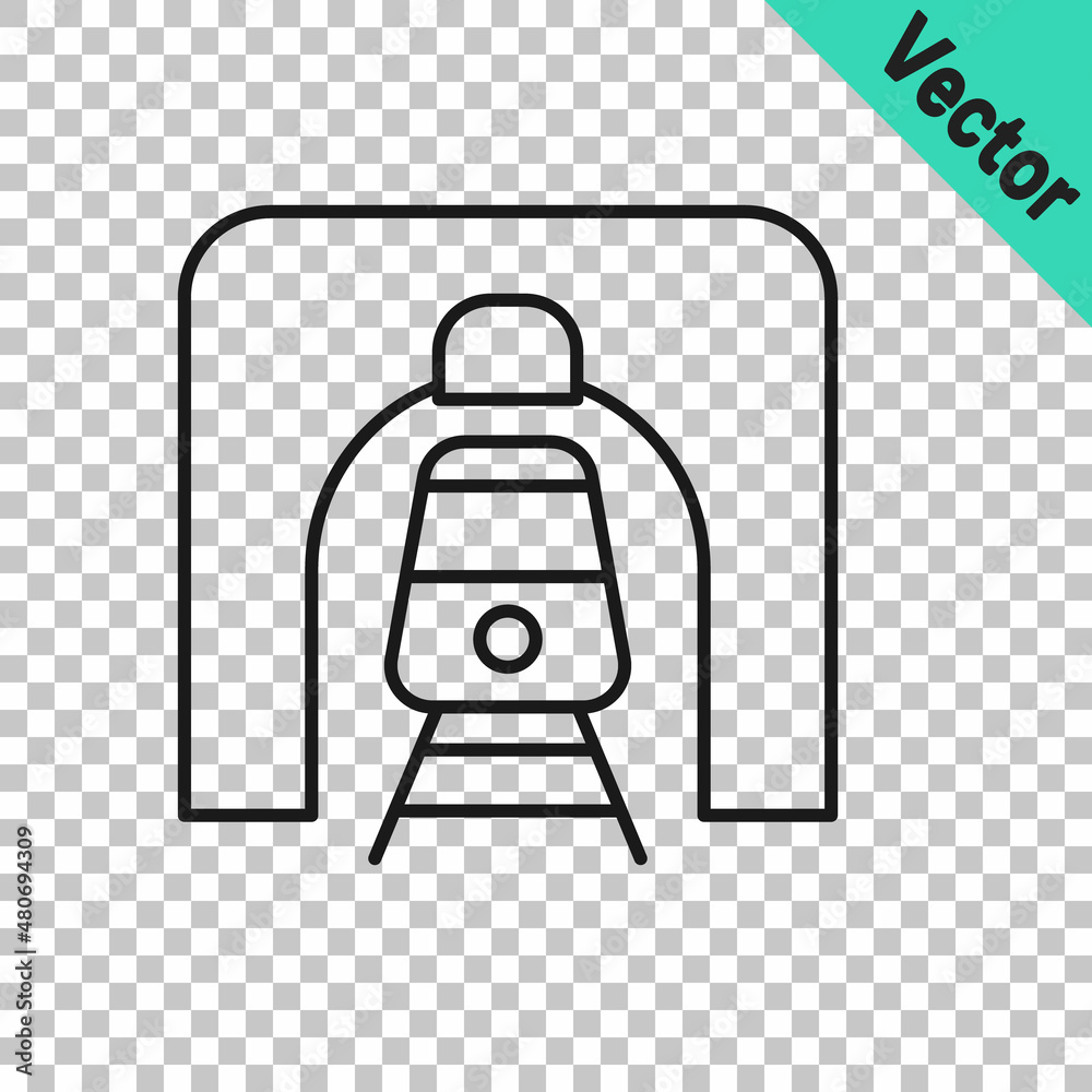 Black line Train in railway tunnel icon isolated on transparent background. Railroad tunnel. Vector Black line Train in railway tunnel icon isolated on transparent background. Railroad tunnel. Vector