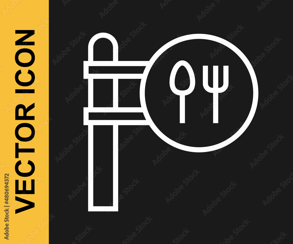 White line Cafe and restaurant location icon isolated on black background. Fork and spoon eatery sign inside pinpoint. Vector. White line Cafe and restaurant location icon isolated on black background. Fork and spoon eatery sign inside pinpoint. Vector.