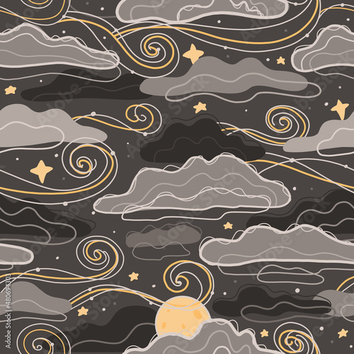 Mystical seamless pattern with stylized clouds and stars. Texture moonlit night. Magic celestial background in gray and yellow colors © veleri_kz