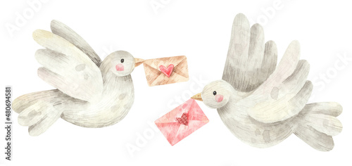 Two doves with love letters. Watercolor illustration of white birds with letters. Hand drawn elements for wedding or St. Valentines Day decoration