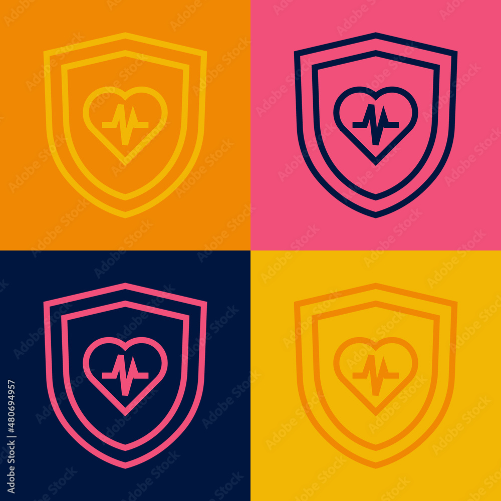 Pop art line Life insurance with shield icon isolated on color background. Security, safety, protection, protect concept. Vector Pop art line Life insurance with shield icon isolated on color background. Security, safety, protection, protect concept. Vector