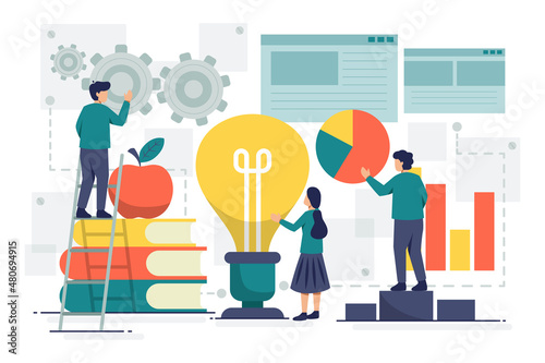 Idea concept vector Illustration idea for landing page template, gather idea after brainstorming, creative and innovative process with light bulb bright thought, Hand drawn Flat Styles