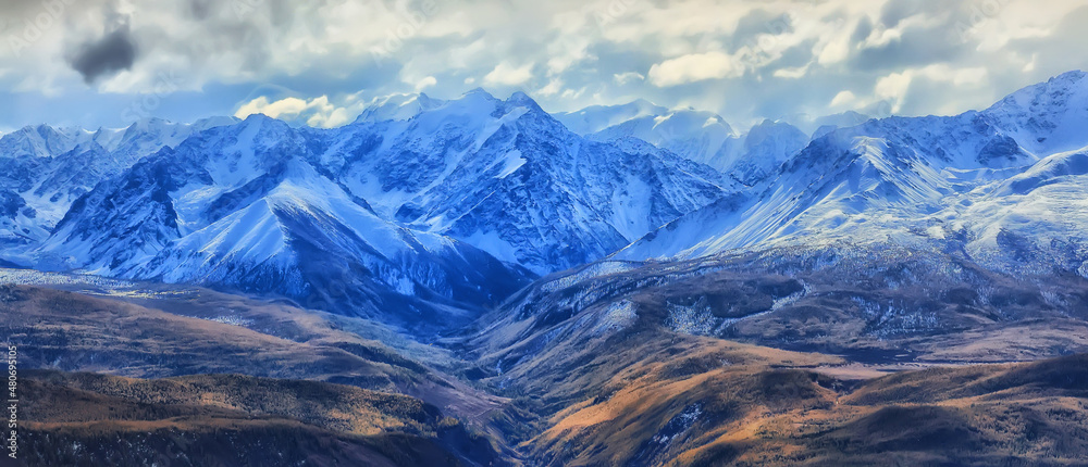 mountains snow altai landscape, background snow peak view - obrazy, fototapety, plakaty 