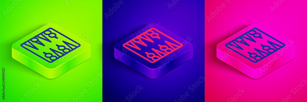 Isometric line Backgammon board icon isolated on green, blue and pink background. Square button. Vector Isometric line Backgammon board icon isolated on green, blue and pink background. Square button. Vector