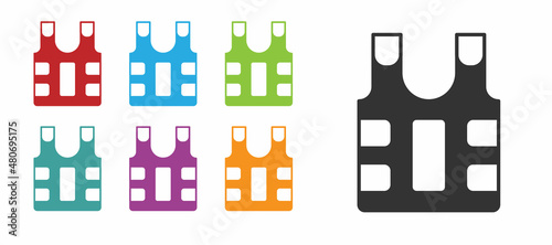 Black Bulletproof vest for protection from bullets icon isolated on white background. Body armor sign. Military clothing. Set icons colorful. Vector