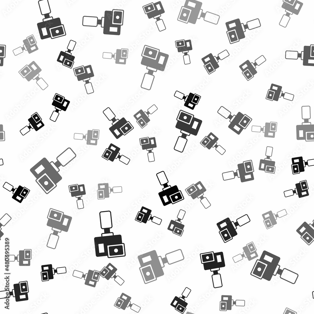 Black Action extreme camera icon isolated seamless pattern on white background. Video camera equipment for filming extreme sports. Vector