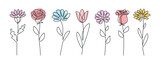 Continuous line drawing set of flowers. Plants one line illustration. Minimalist Prints vector illustration
