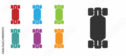 Black Longboard or skateboard cruiser icon isolated on white background. Extreme sport. Sport equipment. Set icons colorful. Vector