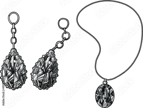 Necklace and earring illustration, drawing, engraving, ink, line art, vector