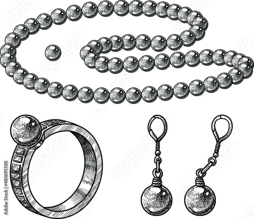 Obraz na płótnie Pearl necklace, earrings, and ring illustration, drawing, engraving, ink, line a