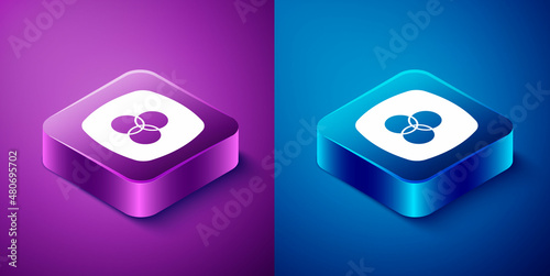 Isometric RGB and CMYK color mixing icon isolated on blue and purple background. Square button. Vector