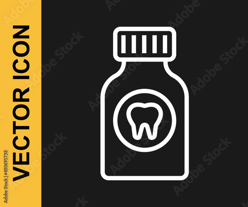 White line Toothache painkiller tablet icon isolated on black background. Tooth care medicine. Capsule pill and drug. Pharmacy design. Vector
