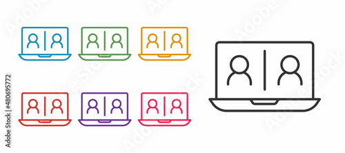 Set line Video chat conference icon isolated on white background. Online meeting work form home. Remote project management. Set icons colorful. Vector