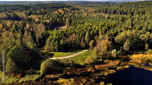 View from the drone on Lake Komosa on a sunny day among the forests of Podlasie.