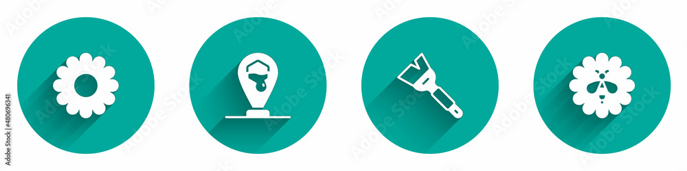 Set Flower, Honeycomb bee location, Beekeeping brush and flower icon with long shadow. Vector