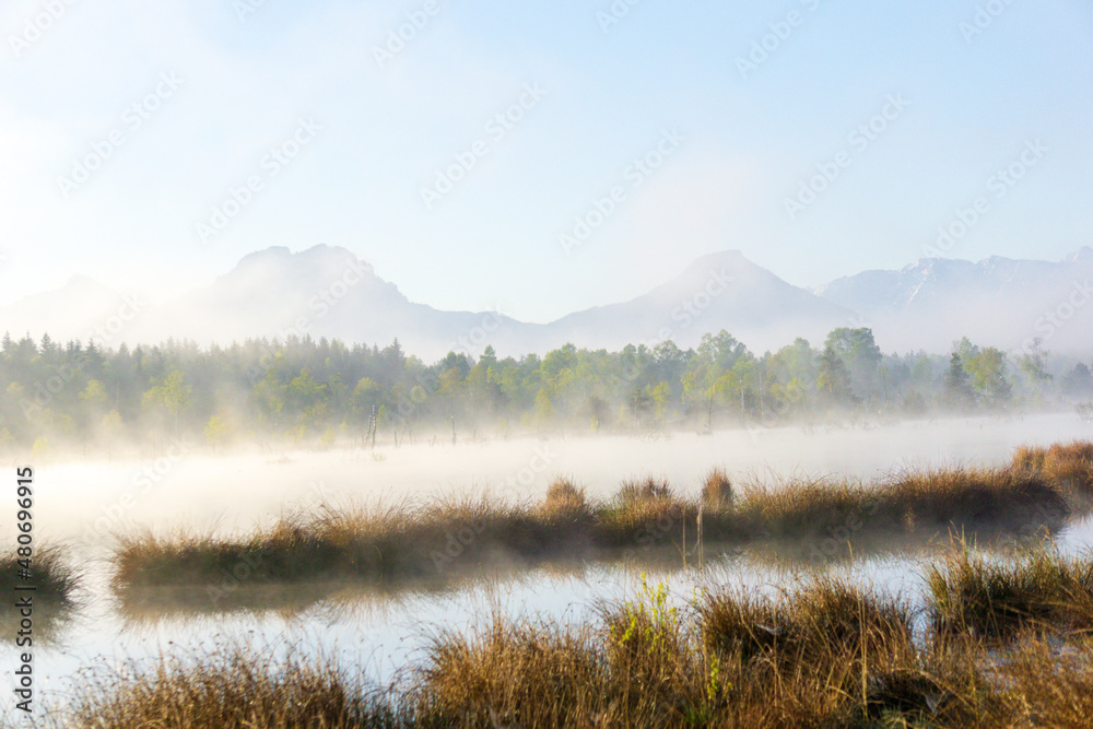 Epic landscape photo with morning fog in a moorland area in the mountains of the Bavarian Alps Epic landscape photo with morning fog in a moorland area in the mountains of the Bavarian Alps