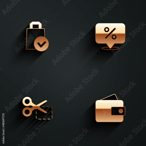 Set Paper shopping bag, Discount percent tag, Scissors cuts discount coupon and Wallet icon with long shadow. Vector