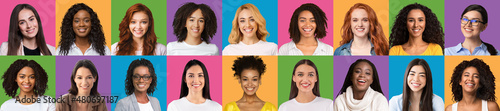 Fotografie, Obraz Set of young multiethnic smiling women over colorful backgrounds, panorama